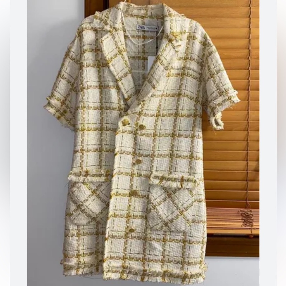 ♥️… Zara Yellow White Plaid Tweed Front Double-Breasted Mini Dress Women… - Picture 6 of 6